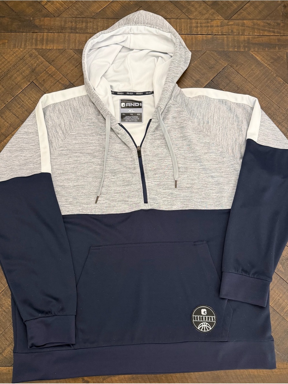 And1 Men's Two-Tone Hooded Pullover Jacket in Navy and Light Gray
